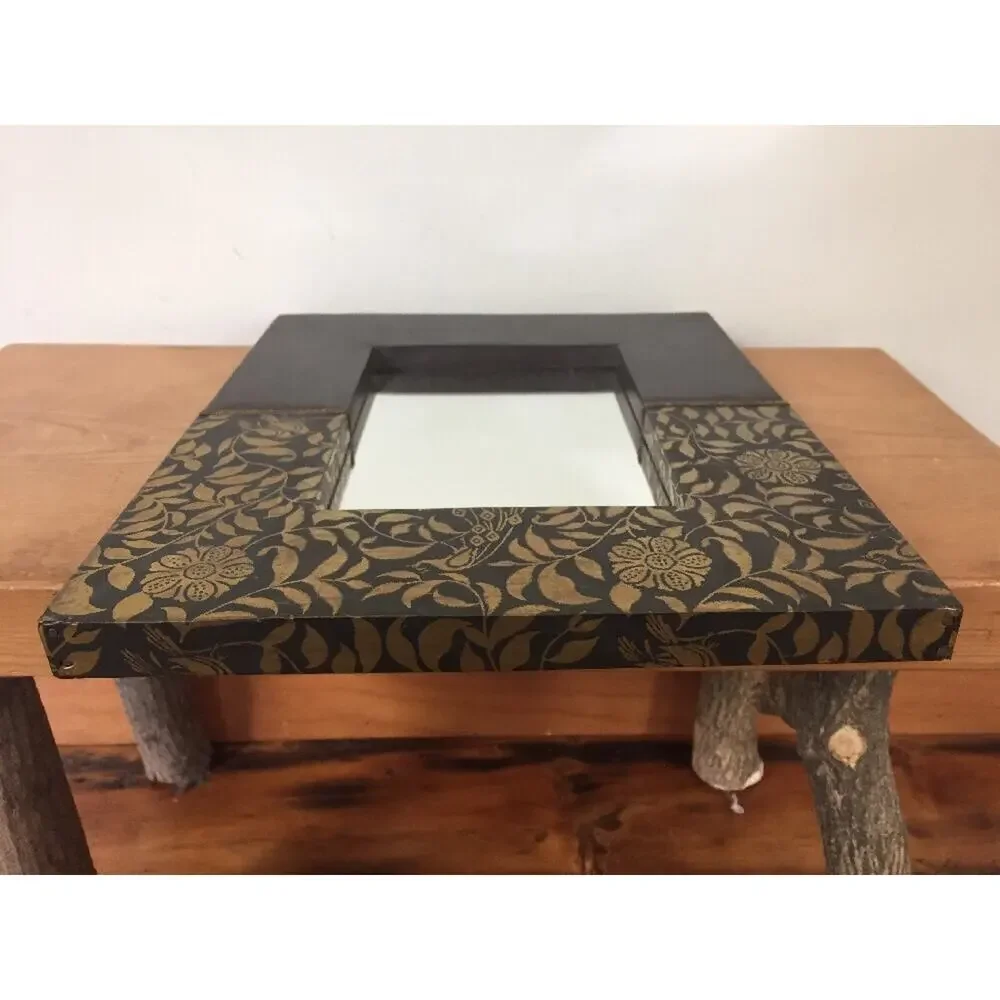 Vtg Asian Indian Style Framed Table Top Mirror Wooden Framed Floral Foil Accents